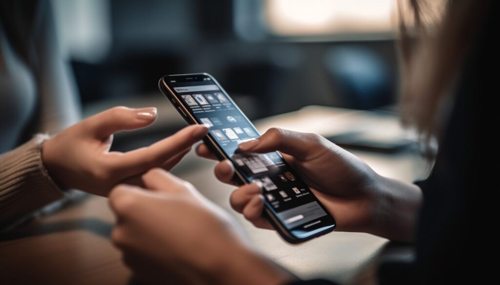 Two young adults sitting indoors, holding smart phones, surfing the net generated by AI